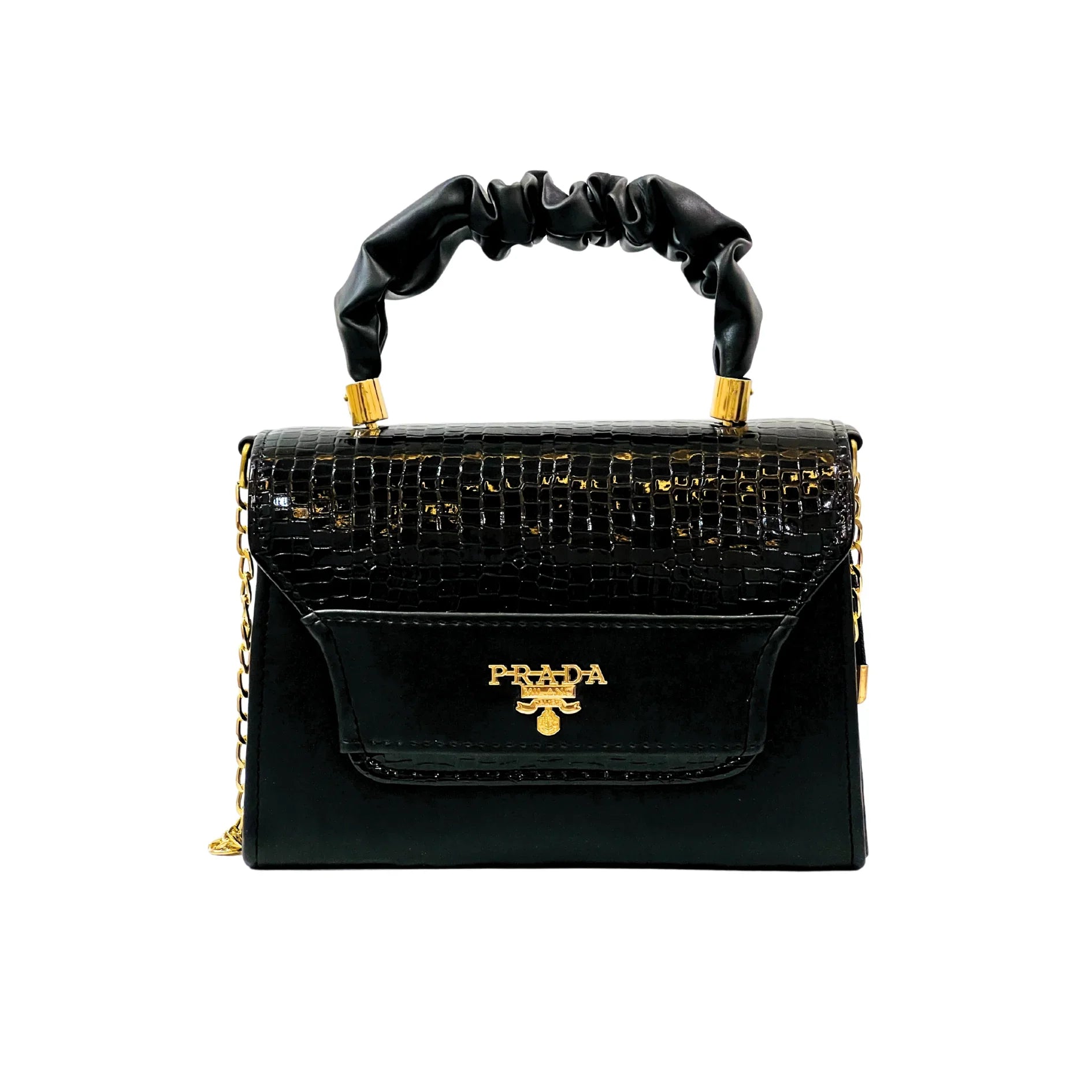 Black Crocodile Texture Top Handle Bag with Gold Accents
