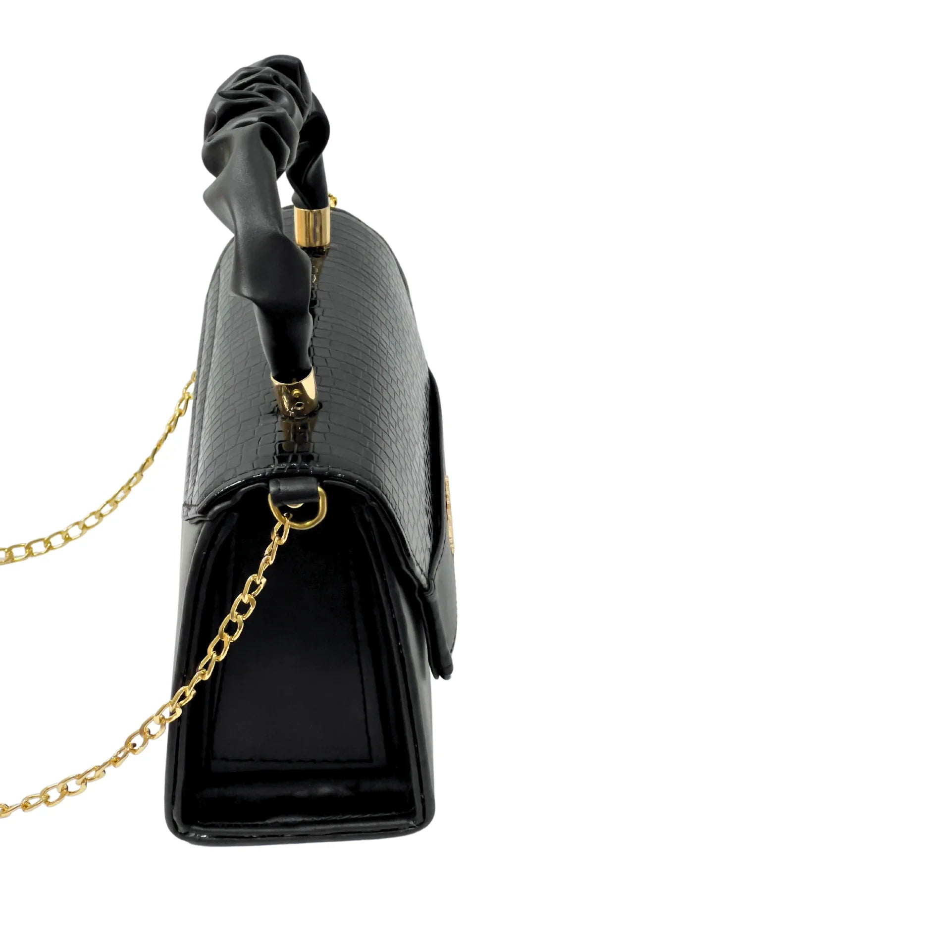 Black Crocodile Texture Top Handle Bag with Gold Accents