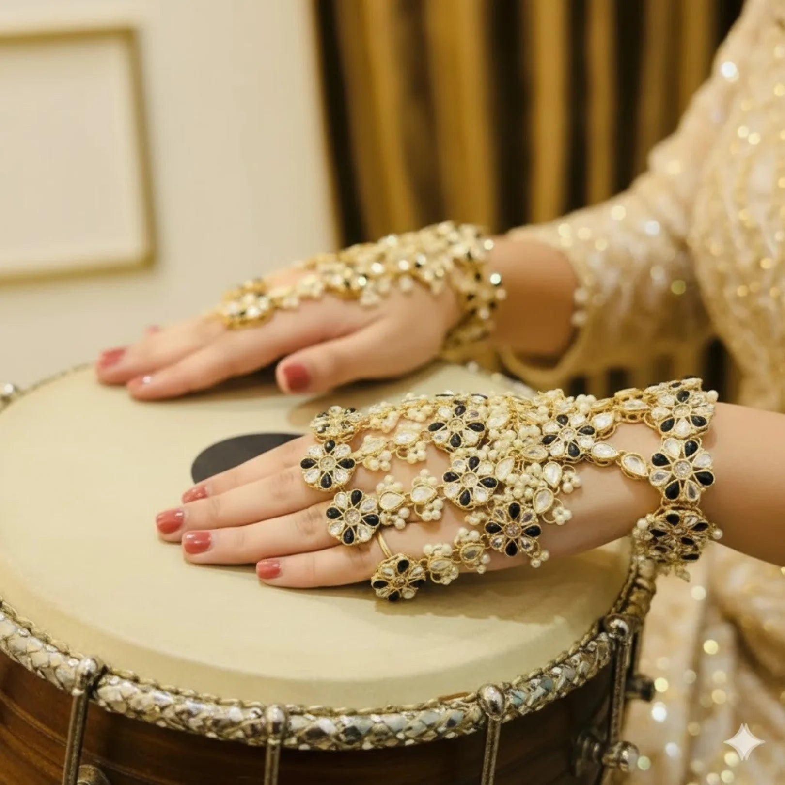 Elegant Black Gold Plated Floral Hand Chain