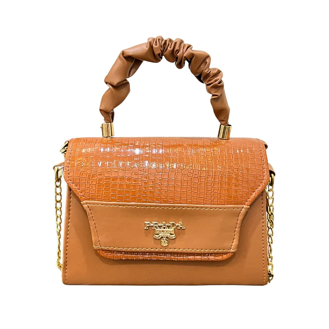 Brown Crocodile Texture Top Handle Bag with Gold Accents