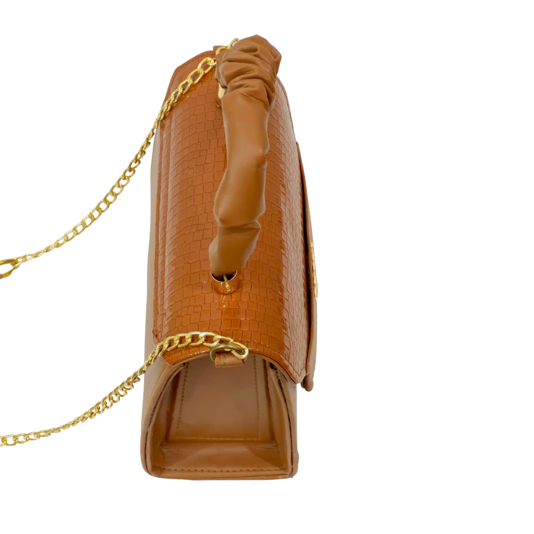 Brown Crocodile Texture Top Handle Bag with Gold Accents