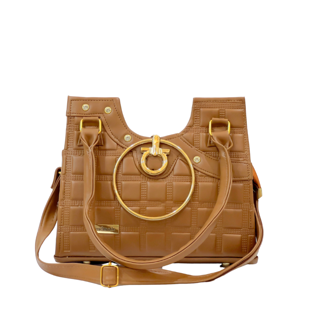 Chic Caramel Brown Handbag with Gold Ring Accent