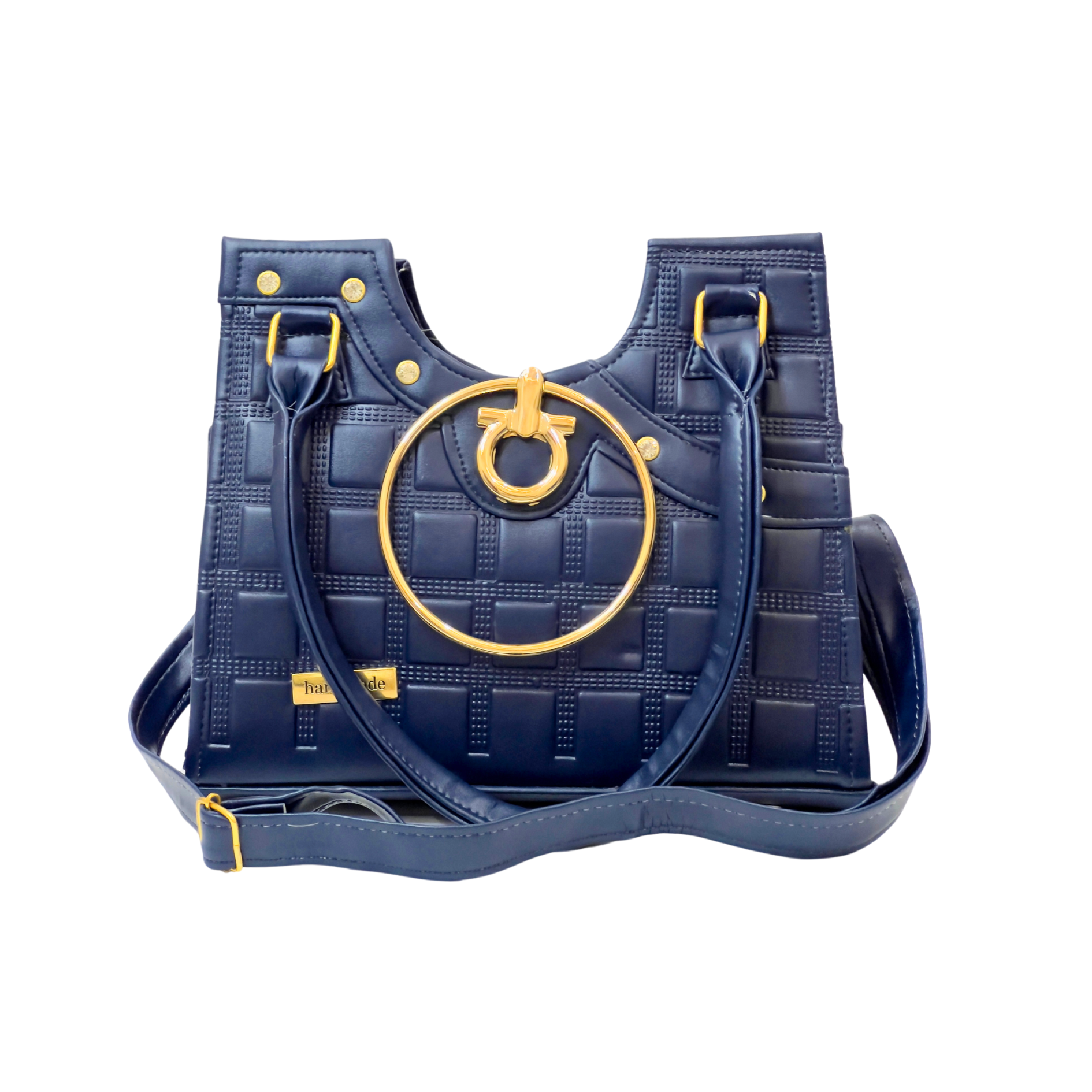 Navy Blue Handbag with Gold Ring Accent