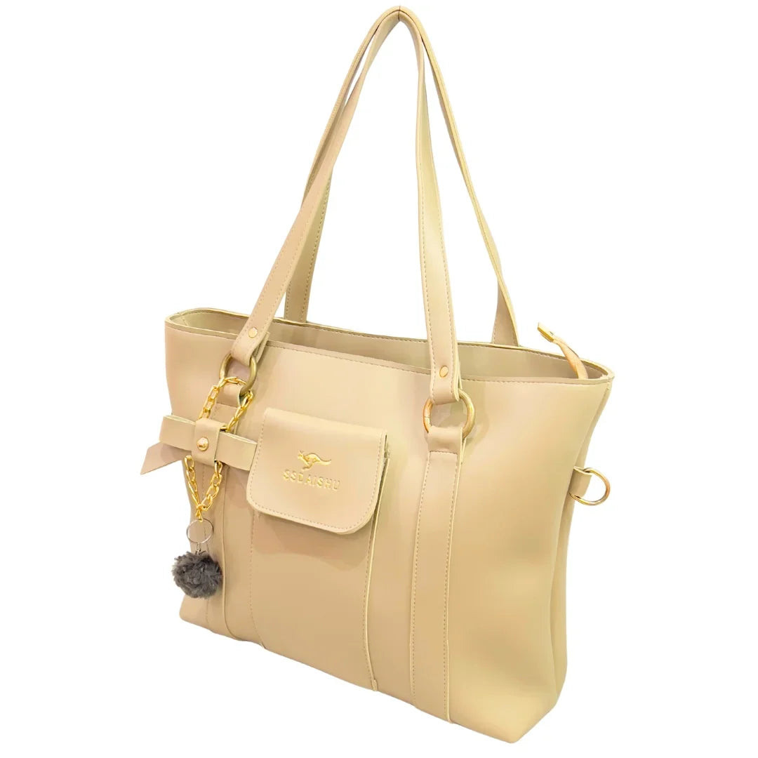 Large Beige Shoulder Bag with Multiple Pockets
