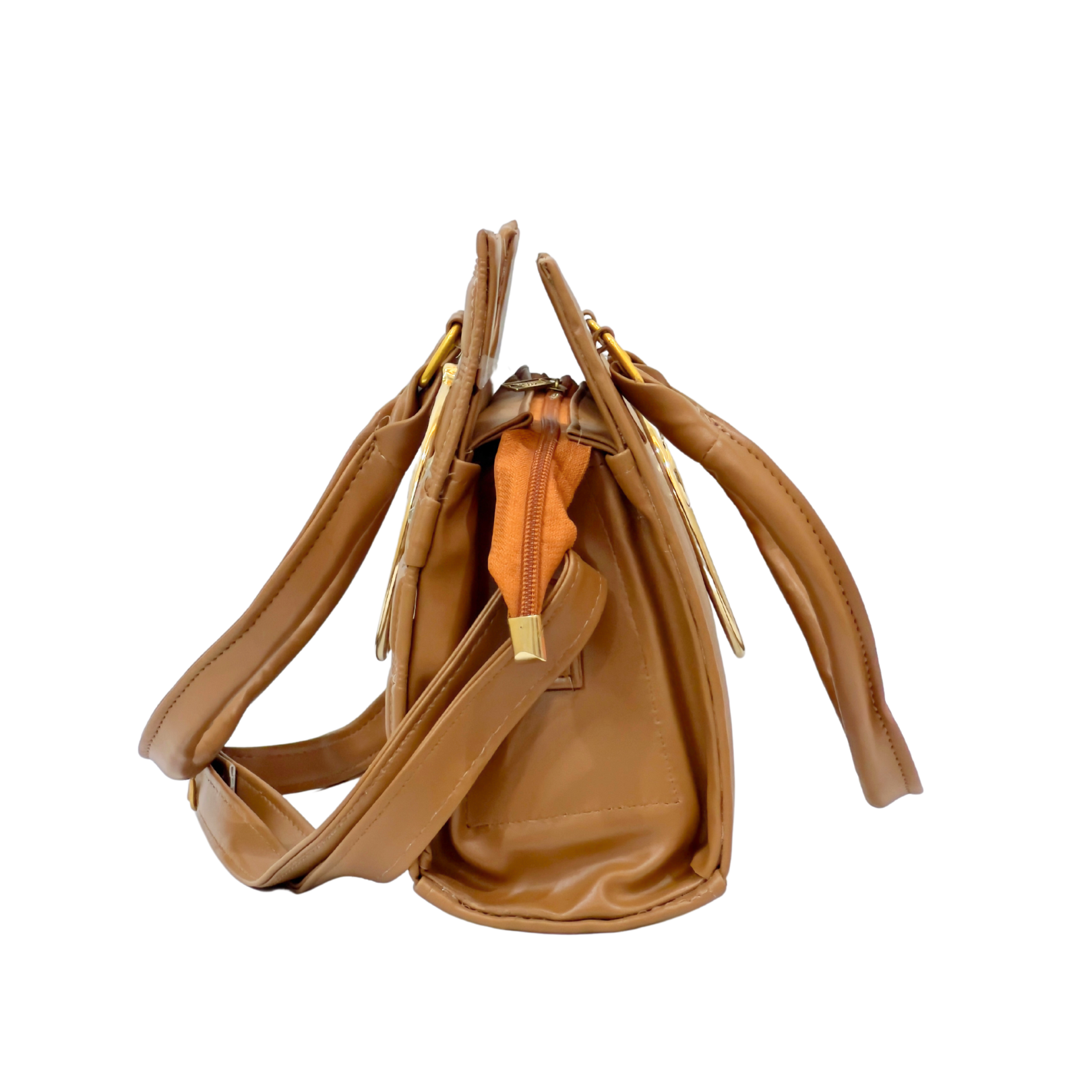 Chic Caramel Brown Handbag with Gold Ring Accent