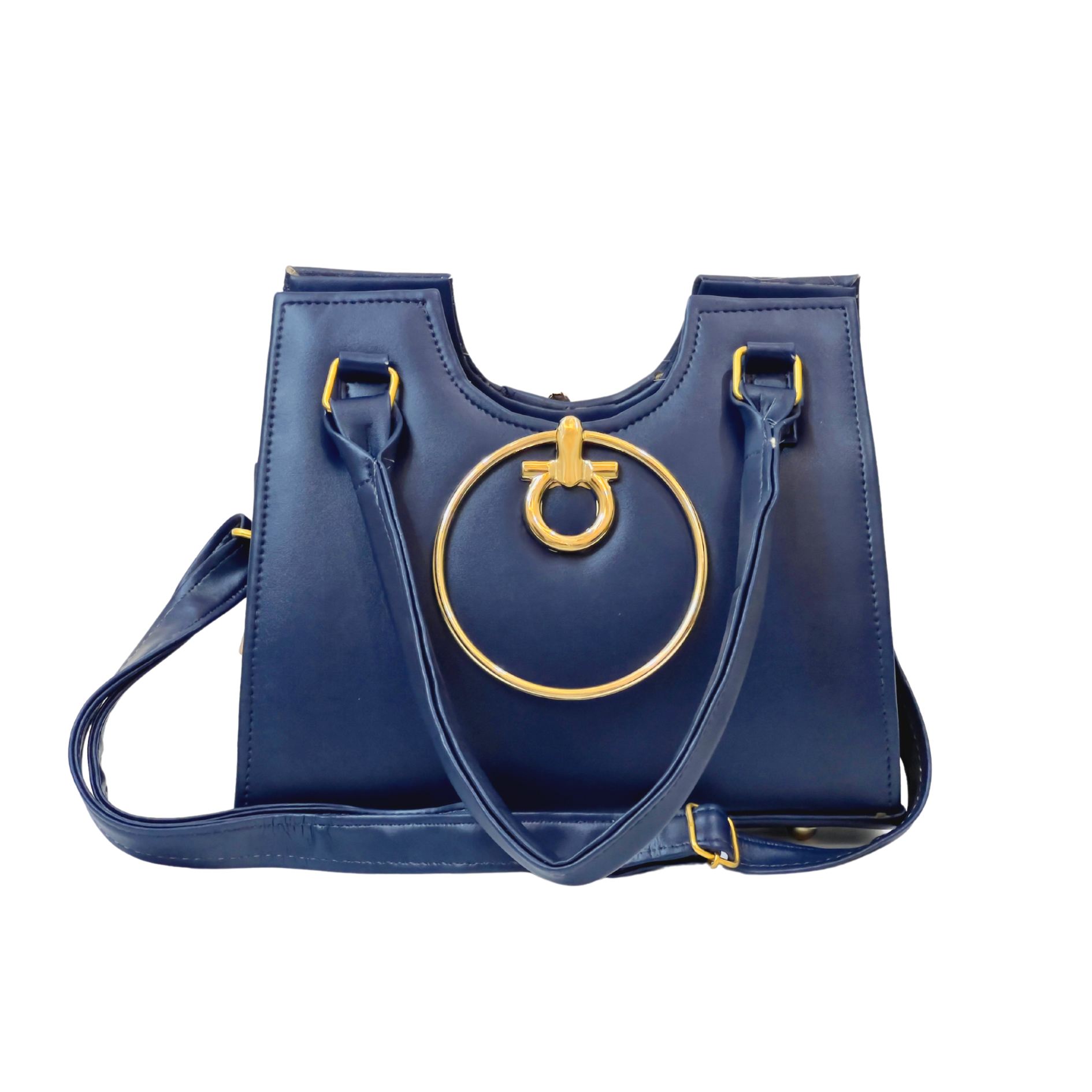 Navy Blue Handbag with Gold Ring Accent