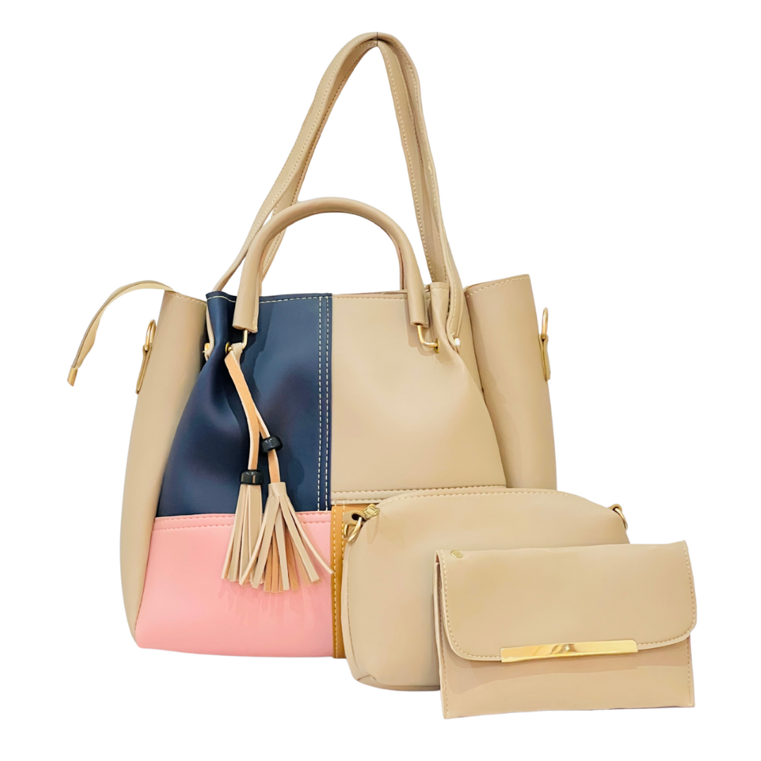 Chic Tri-Color Tote Set with Tassel Charm