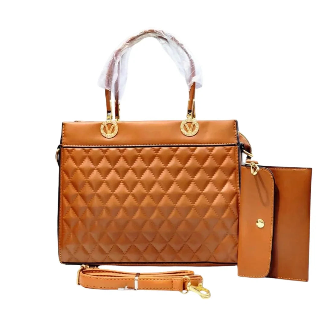 Elegant Caramel Quilted Handbag with Matching Pouch – Versatile Style