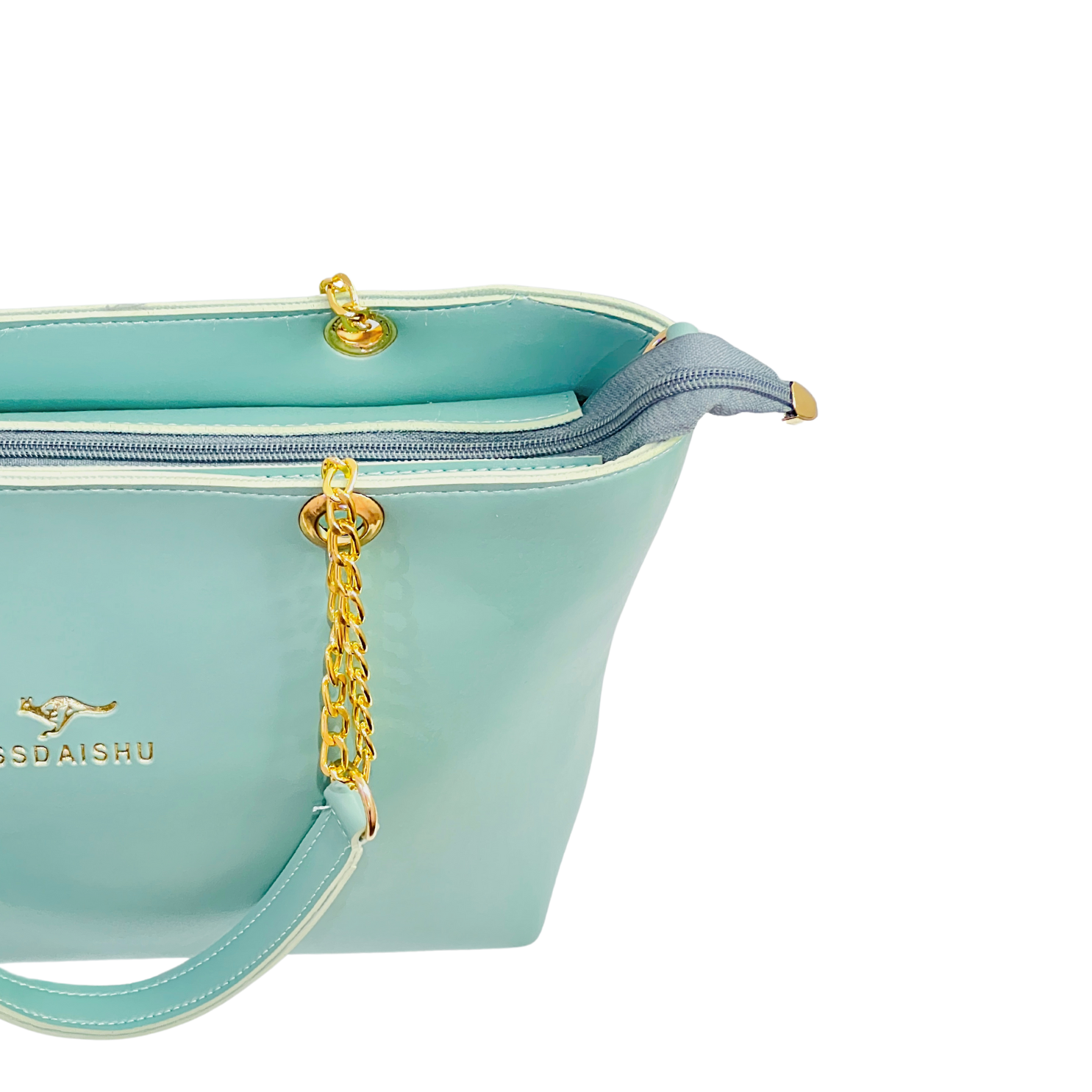 Light Blue Handbag with Gold Chain Handle